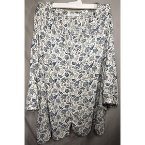 Rose + Olive Shirt Womens 2X Blue Floral Boho Button Front 3/4 Sleeve Smocked